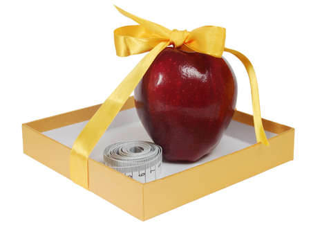 red apple in box with tape-line like gift. isolated on whiteの写真素材
