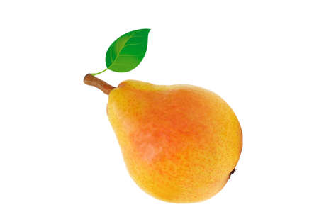 fresh red pear with green leaf, isolated on whiteの写真素材