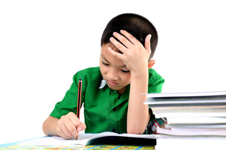 Student boy tired to do homework