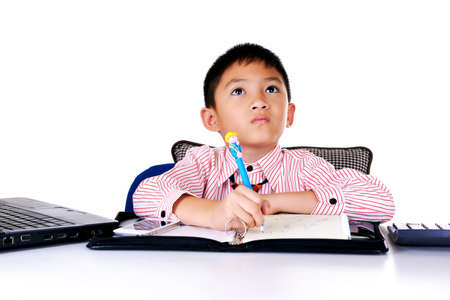Business boy writing document in office