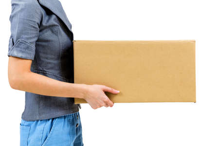 Worker carrying closed cardboard box isolate on white background