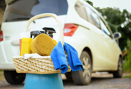 Washing car set in basketの写真素材