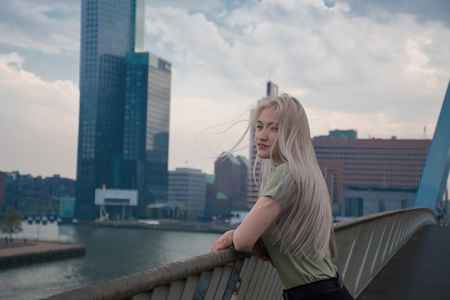 the beautiful blonde girl in outdoorの写真素材