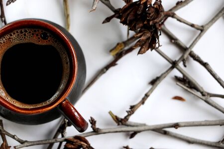 Green decoration. Cup of coffee.の写真素材