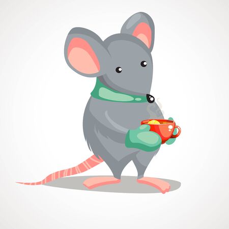 Cartoon gray rat and Tea Cup. New Year symbol.のイラスト素材