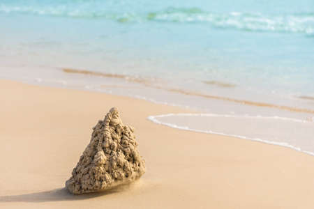 Cozy built sand house or sand castle with towers on shore of sandy beach near blue seaの写真素材