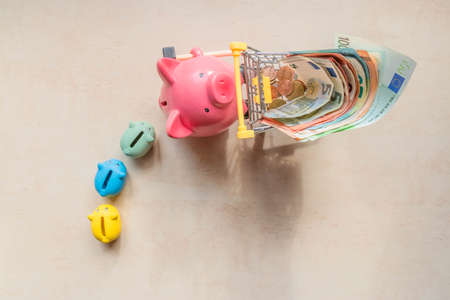 Piglet banks following big pig bank, which rolling shopping cart with euro notes on wood background. Big pig, little pig banks and euro banknotes in shopping trolley. Top view. Saving money conceptの写真素材