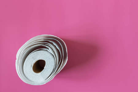 One toilet paper roll isolated on pink background top view. Roll out toilet paper imitated flower blossom. Unwrapped toilet paper flat lay on ping backdrop with copy space. For modern makeupの写真素材