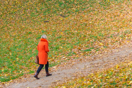 Woman in red coat walking on path in meadow, full of colorful autumn leaves. Female in red on...