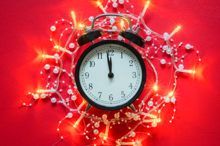 Garland lights around vintage alarm clock showing midnight. Clock at New Year's night on red background. Twelve o`clock, Christmas and New Year festive concept.の写真素材
