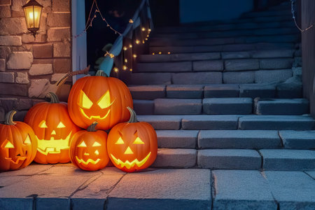 Halloween Jack-o-lanterns on stone stairs. Luminous pumpkins on staircase at night. Glowing decorations for Halloween.の素材