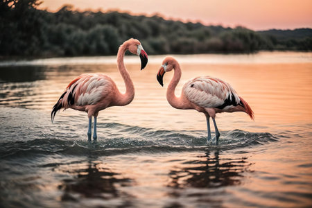 Two pink flamingos standing in the water at sunset. Wildlife animal scene from nature.の素材