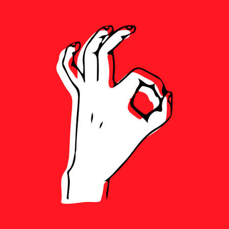 Vector engraved style illustration for posters, decoration and print. Hand drawn sketch of hand ok sign in monochrome isolated on white background. Detailed vintage woodcut style drawingのイラスト素材