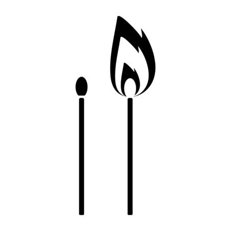 Black isolated icon of matchstick with fire on white background. Silhouette of match stick with flame. Flat design.のイラスト素材