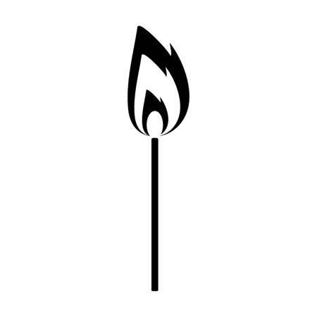 Black isolated icon of matchstick with fire on white background. Silhouette of match stick with flame. Flat design.のイラスト素材