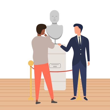 Exhibition visitors viewing paintings at art gallery. People regarding creative artworks or exhibits in museum. Colorful vector illustration in flat cartoon style.のイラスト素材