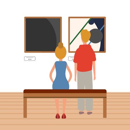 Exhibition visitors viewing paintings at art gallery. People regarding creative artworks or exhibits in museum. Colorful vector illustration in flat cartoon style.のイラスト素材