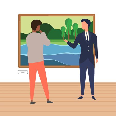 Exhibition visitors viewing paintings at art gallery. People regarding creative artworks or exhibits in museum. Colorful vector illustration in flat cartoon styleのイラスト素材
