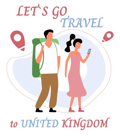 Lets go travel to UK. Young romantic couple during hiking adventure travel or camping trip. Flat colorful vector illustration.のイラスト素材