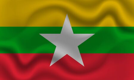 national flag of Myanmar on wavy cotton fabric. Realistic vector illustrationの写真素材