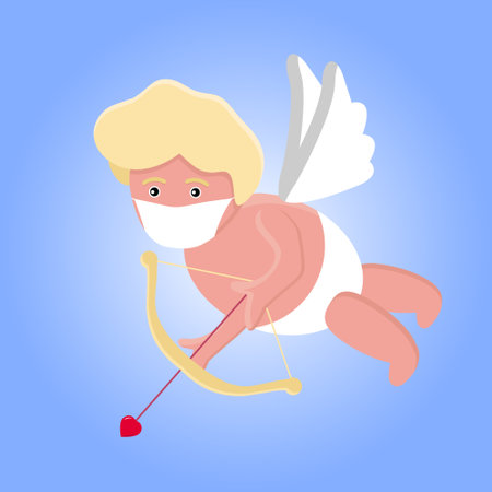 A cute hand-drawn flying Cupid in medical face mask with slings and arrow aim at heart. Clouds around. Valentine's Day during Covid-19 pandemic greeting card design. Vector isolated illustration.のイラスト素材