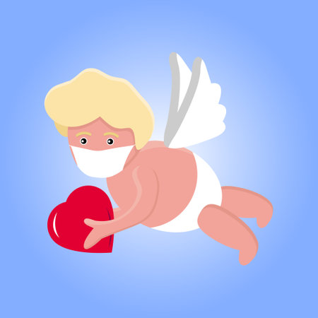 A cute hand-drawn flying Cupid in medical face mask with slings and arrow aim at heart. Clouds around. Valentine's Day during Covid-19 pandemic greeting card design. Vector isolated illustration.のイラスト素材