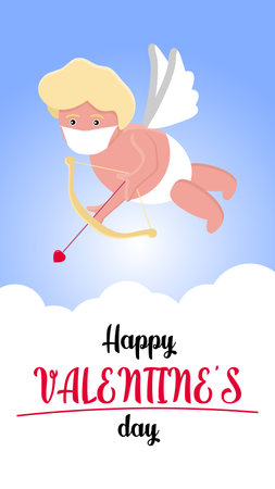 A cute hand-drawn flying Cupid in medical face mask with slings and arrow aim at heart. Clouds around. Valentine's Day during Covid-19 pandemic greeting card design. Vector isolated illustration.のイラスト素材