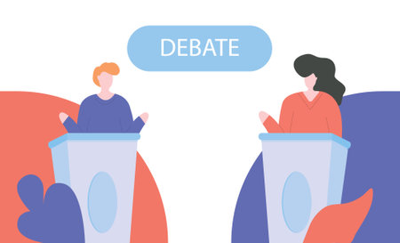 People politicians standing on tribunes with raising hands vector isometric illustration. Man and woman at political debates, pre-election campaign or agitate isolated on white. Candidate meetingのイラスト素材