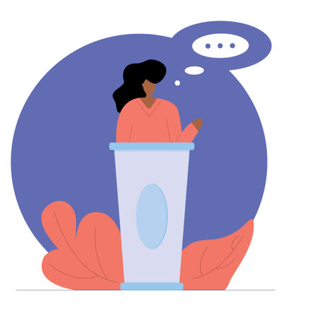 A black female politician in a business suit behind a podium makes a speech. Vector illustration with contour in hand drawn style. Cartoon picture.のイラスト素材