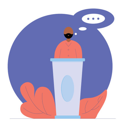 A black male politician in a business suit behind a podium makes a speech. Vector illustration with contour in hand drawn style. Cartoon picture.のイラスト素材