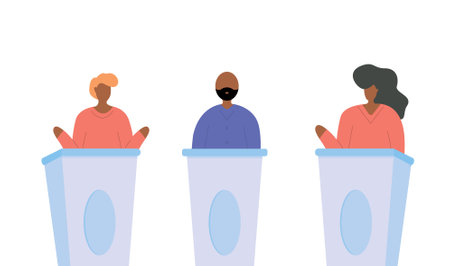 People politicians standing on tribunes with raising hands vector isometric illustration. Man and woman at political debates, pre-election campaign or agitate isolated on white. Candidate meetingのイラスト素材