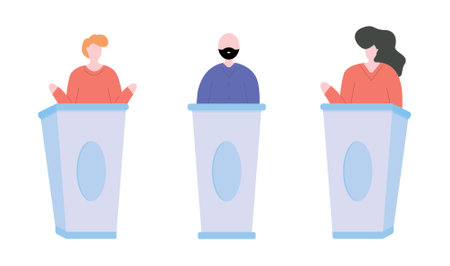 People politicians standing on tribunes with raising hands vector isometric illustration. Man and woman at political debates, pre-election campaign or agitate isolated on white. Candidate meetingのイラスト素材