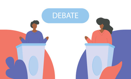 People politicians standing on tribunes with raising hands vector isometric illustration. Man and woman at political debates, pre-election campaign or agitate isolated on white. Candidate meetingのイラスト素材