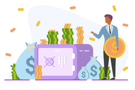 Successful man puts money on deposit safe with coins and portfolio. Concept of bank account, banking, depositのイラスト素材