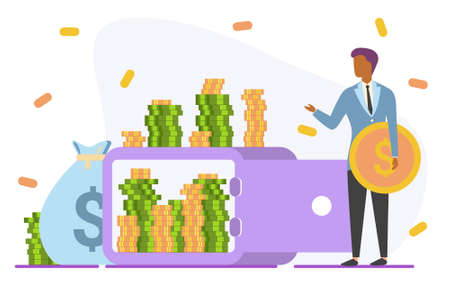 Successful man puts money on deposit safe with coins and portfolio. Concept of bank account, banking, depositのイラスト素材