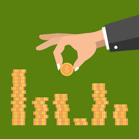 Man holds in his hand a gold coin dollar. Stock vector illustrationのイラスト素材