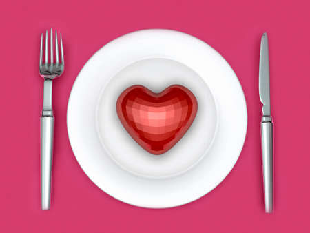 3d date dinner with one red heart piece and knife and fork. Valentine 3D Illustration Design Series.の写真素材