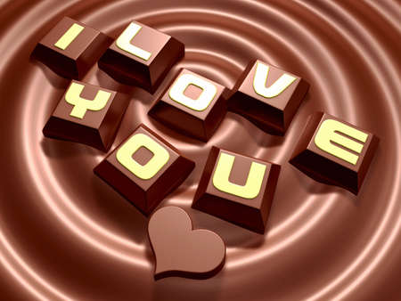 3d lettering hard chocolate and heart on meltting chocolate. Valentine 3D Illustration Design Series.の写真素材