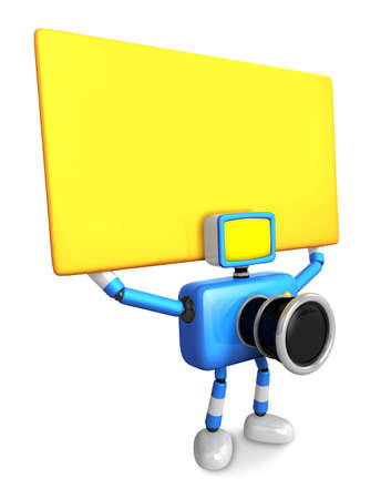 Blue Camera Character up yellow board a thing with both hands. Create 3D Camera Robot Series.の写真素材