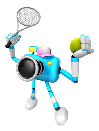 Cyan Camera character is a powerful tennis game play exercises. Create 3D Camera Robot Series.の写真素材