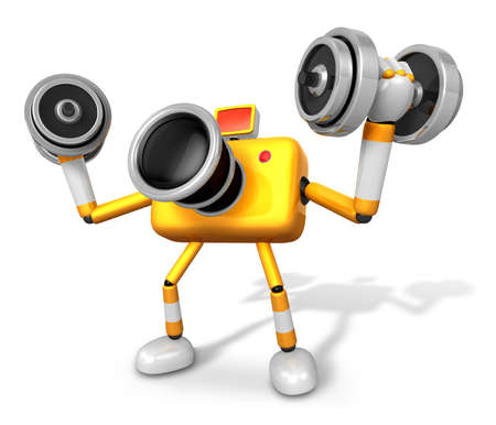 3D Yellow Camera character a Dumbbell curl Exercise. Create 3D Camera Robot Series.の写真素材