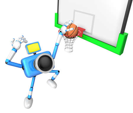 3D Blue camera basketball player Vigorously jumping. Create 3D Camera Robot Series.の写真素材