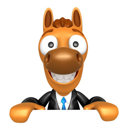 3D Horse Mascot holding a big board with both hands. 3D Animal Character Design Series.の写真素材