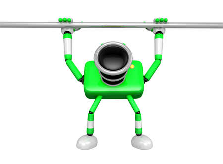 Green Camera character is hanging in horizontal bar. Create 3D Camera Robot Series.の写真素材