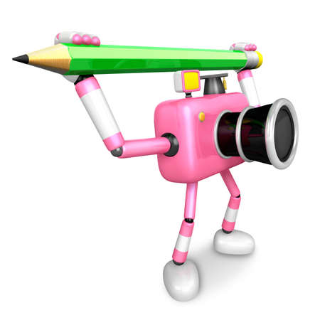 Pink camera with both hands holding a large pencil. Create 3D Camera Robot Series.の写真素材