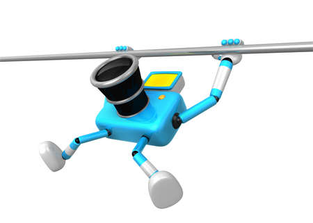 Cyan Camera character is hanging in horizontal bar. Create 3D Camera Robot Series.の写真素材