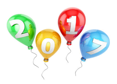 2017 Various colors balloon in the sky. New Year Typographic Arts Card.