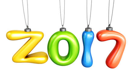 2017 Various colors balloon hanging thread. New Year Typographic Arts Card.