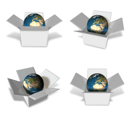 3d blue globe in box range four set . 3D Icon Design Series.の写真素材