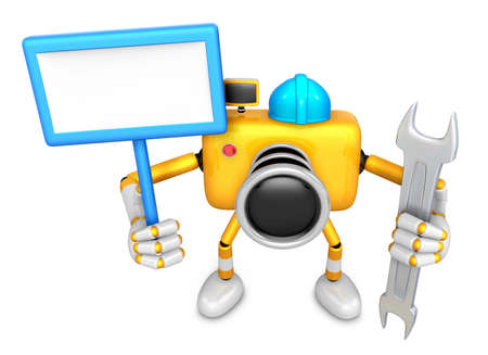 The left hand Holding the board Engineer Yellow Camera Character. The right hand is holding a Spanner. Create 3D Camera Robot Series.の写真素材